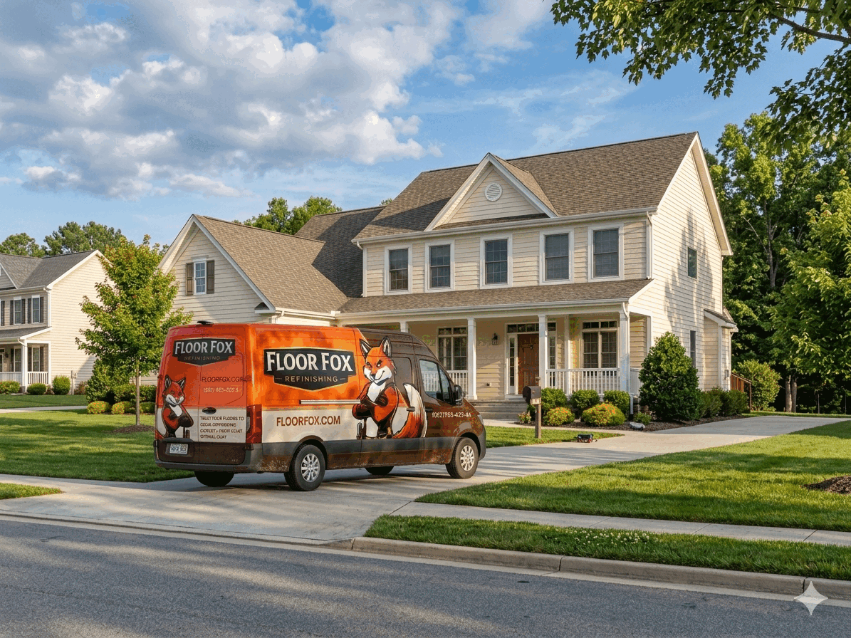 Floor Fox renovation van parked outside a home