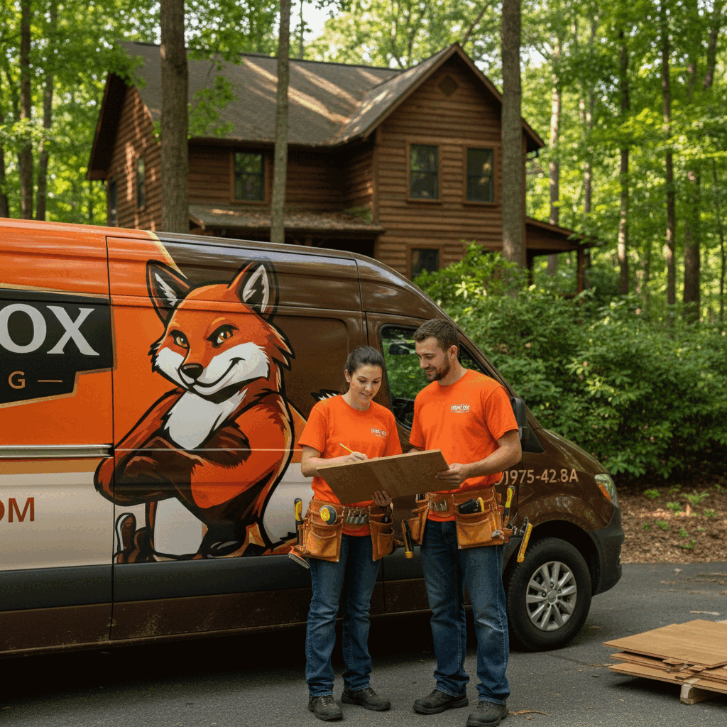 Floor Fox renovation team reviewing plans by a branded van