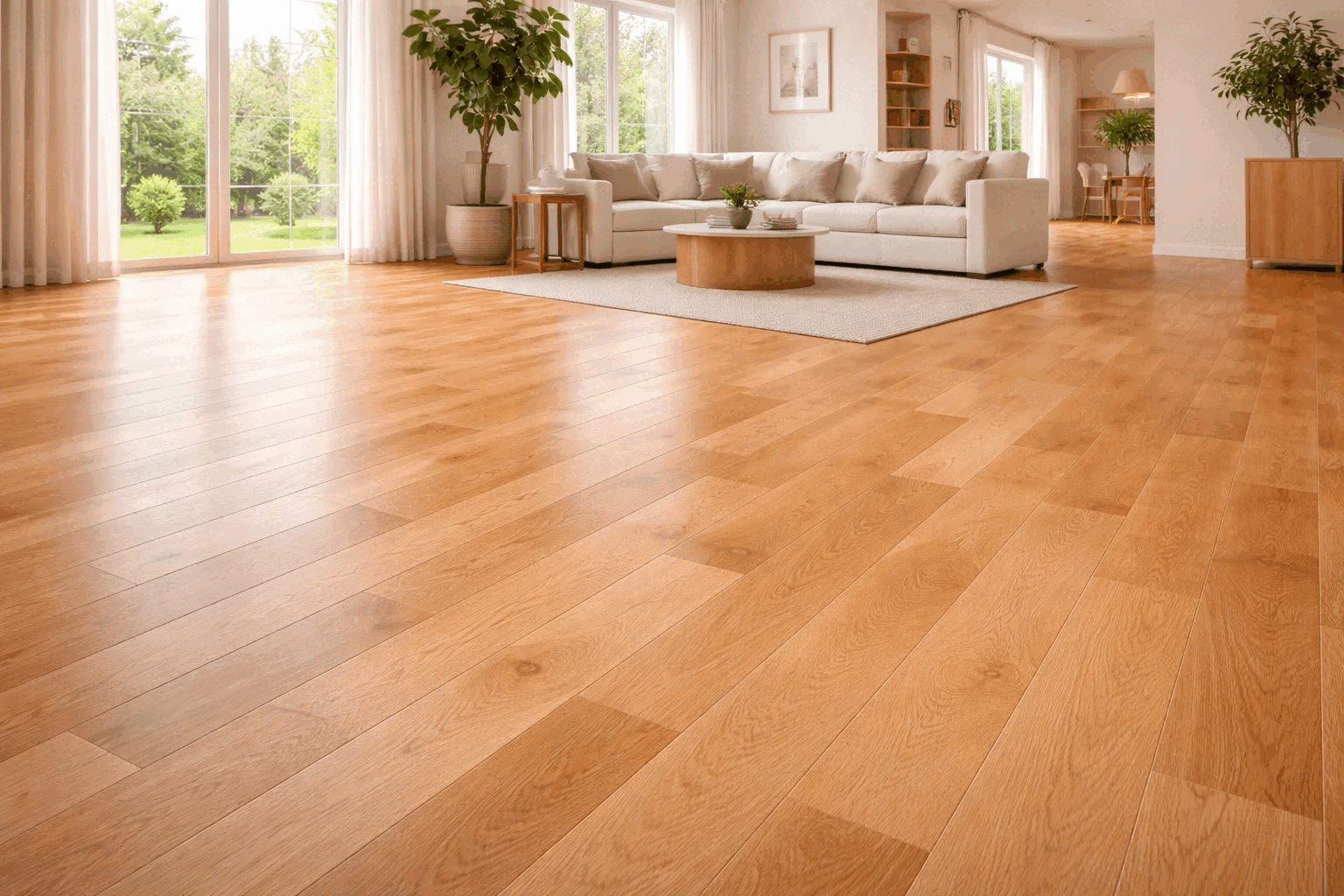 Hardwood floor in a bright living room